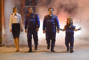 Violet Van Patten (Michelle Monaghan), Sam Brenner (Adam Sandler), Ludlow Lamonsoff (Josh Gad) and Eddie Plant (Peter Dinklage) in Columbia Pictures' PIXELS.