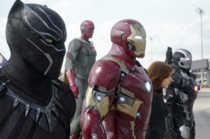 Marvel's Captain America: Civil WarL to R: Black Panther/T'Challa (Chadwick Boseman), Vision (Paul Bettany), Iron Man/Tony Stark (Robert Downey Jr.), Black Widow/Natasha Romanoff (Scarlett Johansson), and War Machine/James Rhodey (Don Cheadle).Photo Credit: Film Frame© Marvel 2016